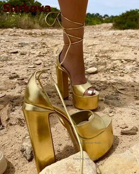 Суркова, бронзово-золотые матовые босоножки на блочном каблуке с открытым носком, летние модельные туфли на платформе, на шнуровке, на блочном каблуке, Размер 46