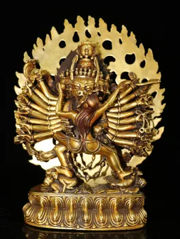 Коллекция Тибетского храма 12 дюймов, Старая фиолетовая Бронзовая позолота, настоящее золото, Ямантака, голова быка, Мин Ван, Тантра, поклонение будде, городской дом