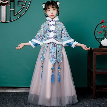 Зимнее платье для девочек на День рождения, свадебное платье с цветочным узором для девочек, вечерние детские платья, китайское новогоднее платье Hanfu для девочек