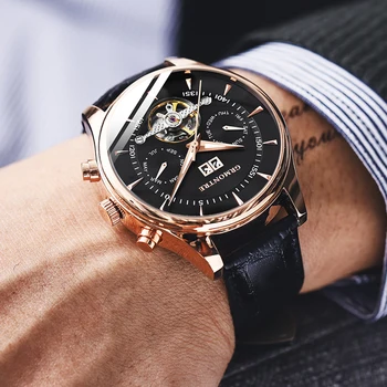 Механические часы Skeleton Tourbillon Мужские Автоматические Механические Наручные часы из кожи Розового Золота Reloj Hombre 2018 Luxury