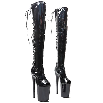 Leecabe 23 см/9 дюймов, блестящие женские ботинки для танцев на шесте с открытым носком на платформе и высоком каблуке из искусственной кожи.