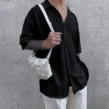 Прозрачная мужская рубашка с лацканами из кружевной сетки, Короткий рукав, Однобортный открытый однотонный летний топ-рубашка