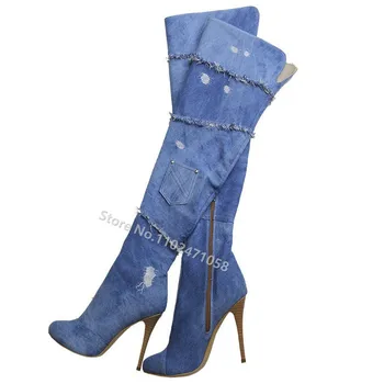 Синие Джинсовые Длинные сапоги для женщин 2023 г., выше колена, на высоком каблуке с открытым носком, Модный дизайн, джинсы с дырками, женские туфли на тонком каблуке