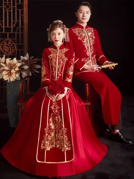 Высококачественное свадебное платье в китайском стиле, пара красных изысканных блесток, Традиционный Ципао с блестками Cheongsam для свадебной вечеринки