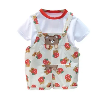 Новый летний костюм для малышей, повседневная футболка для девочек, Шорты на ремешках, 2 шт./компл., одежда для младенцев, Костюм для малышей, детская спортивная одежда