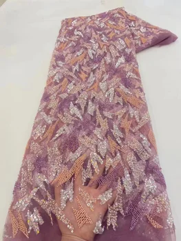 Роскошная кружевная ткань Ручной работы с бисером в нигерийском стиле 2023, Высококачественная вышивка бисером, Африканская кружевная ткань для шитья