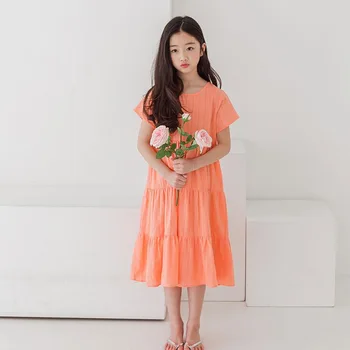 Новое Платье для девочек 2023 года, Модные Зеленые Оранжевые Розовые Платья Для девочек, Детское Праздничное Платье, Летняя Одежда Для девочек с коротким рукавом