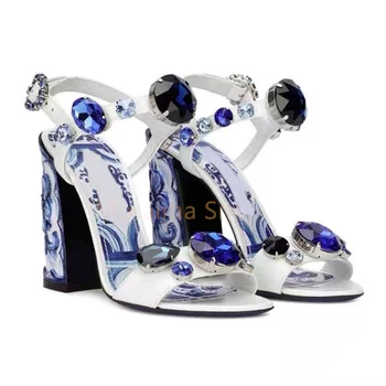 2023 Новые женские босоножки на массивном каблуке, Летние сине-белые фарфоровые сандалии с бриллиантами на высоком каблуке 10 см, роскошная женская обувь