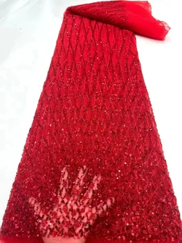 Роскошные Кружевные ткани red Sequence, Нигерийская Сетчатая Кружевная Вышивка, Африканская Кружевная Ткань С Блестками, Расшитая бисером, Материал Для Свадьбы