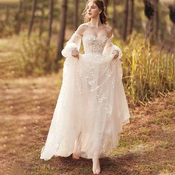 Простые винтажные свадебные платья, красивые пышные рукава с открытыми плечами, ретро трапециевидная вышивка по всей длине, милое новое свадебное платье