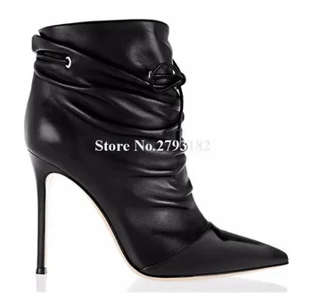 Женские Элегантные Черные кожаные Короткие ботинки на тонком каблуке со шнуровкой и острым носком В классическом стиле, Ботильоны на высоком каблуке с лакированным носком