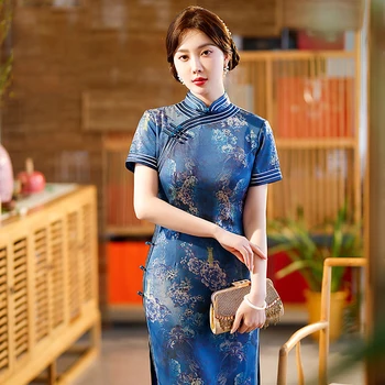 Yourqipao 2023 Летний Длинный Синий Ципао с высоким разрезом, Улучшенный Тонкий Банкетный цветок, Ципао, Традиционная китайская одежда для женщин