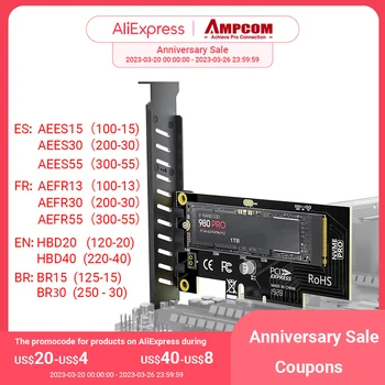 Карта адаптера AMPCOM M.2 NVME SSD к PCIe 4.0, карта расширения SSD PCIe 4.0 X4 64 Гбит/с для настольных ПК, полная скорость PCI-E GEN4