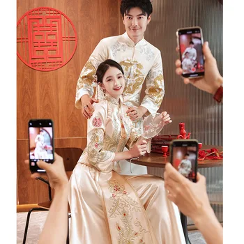 Couple Cheongsam Chinese Style Wedding Dress Champagne Dragon And Phoenix Embroidery Qipao костюм для восточных