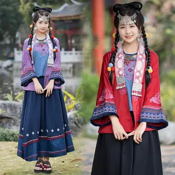 2023, традиционное китайское винтажное пальто с национальной цветочной вышивкой ханфу + майки + юбка, винтажный народный костюм, восточный ретро-комплект