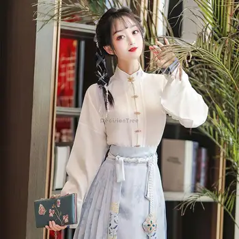 2023 китайская династия Мин, женский комплект hanfu, оригинальная новая улучшенная рубашка со стоячим воротником, плиссированная юбка, повседневный ретро комплект hanfu