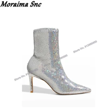 Moraima Snc/ Тканевые ботинки с блестками, женские Ботильоны из эластичной ткани, Ботильоны на шпильке с острым носком и высокими Каблуками, Новая Обувь на каблуках