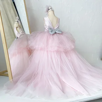 Платье с V-образным вырезом Hi-Lo в цветочек для девочек, Розовое платье Принцессы Трапециевидной формы для свадебной вечеринки Для девочек, платье со Съемным шлейфом для Первого причастия