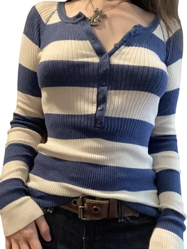 Женский топ Y2K с длинным рукавом, вязаная футболка в полоску, Приталенная толстовка, Эстетичный Пуловер, Топы, Уличная одежда