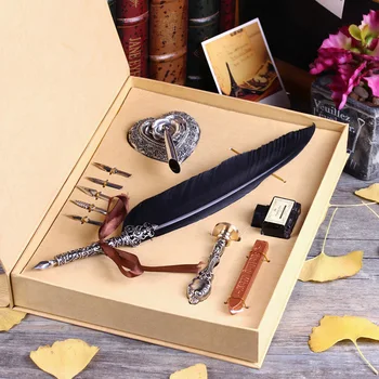 Подарочная коробка, Винтажный металлический Изогнутый набор ручек из натурального лебединого пера с 5 наконечниками, подставка для ручек, Воск, Именная печать, Квил