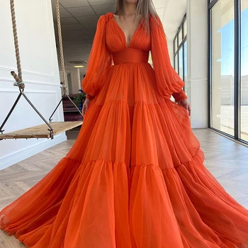 Последние новинки 2021 года, Очаровательные Оранжевые платья для выпускного вечера с длинными рукавами и глубоким V-образным вырезом, Свадебные платья для гостей, Шифон по доступным ценам