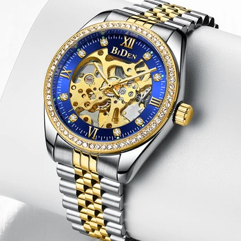 Байден Роскошные автоматические часы Для мужчин Модные Выдалбливают Стальные механические наручные часы с бриллиантами Водонепроницаемые Золотые Синие Часы Мужской подарок