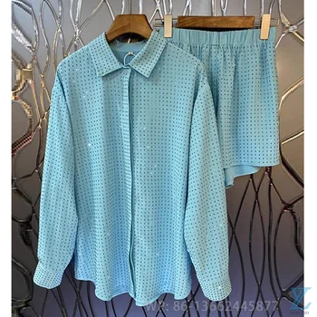 Рубашка с отворотом по технологии Hot Diamond + шорты Универсальный повседневный комплект из двух предметов