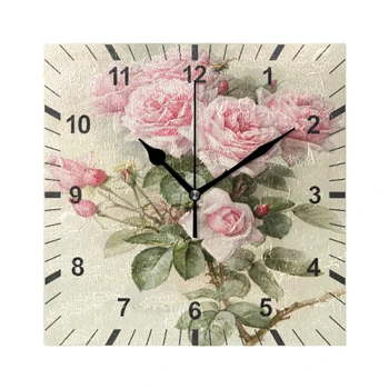 Винтажные Шикарные Квадратные Настенные часы с принтом в виде Розовой розы, Бесшумные Кварцевые Аналоговые Тихие настольные часы, Подвесные Настенные часы