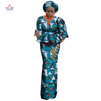Африканские Топы с рукавами-фонариками и принтом, комплекты юбок для женщин, Африканская одежда Bazin Riche, Комплекты юбок на заказ, 2 предмета, WY6115