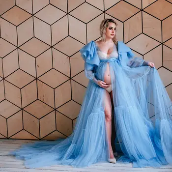 Синее Прозрачное платье для беременных для Фотосессии Из Многоуровневого Тюля, Платья для фотосъемки беременных Женщин, Халат с пышными рукавами для Фотосъемки