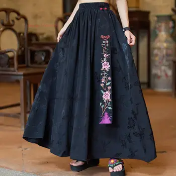 2023 традиционная китайская винтажная юбка, атласная жаккардовая юбка с национальной цветочной вышивкой, восточная народная юбка трапециевидной формы с эластичной талией