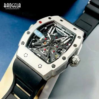Кварцевые часы BAOGELA из нержавеющей стали, мужские серебристо-черные, с силиконовым ремешком, Аналоговые наручные часы со светящимися стрелками, с тонным циферблатом 4147