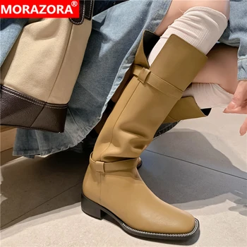 MORAZORA/ Большие размеры 34-42, Новые женские ботинки из натуральной кожи, сапоги до колена с пряжкой, Модные женские длинные ботинки на низком квадратном каблуке