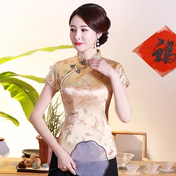 Золотая традиционная китайская атласная блузка, Летние новые сексуальные женские рубашки с коротким рукавом, Новинка, Верхняя одежда с драконом и пуговицами, S-4XL