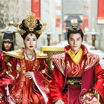 Пара свадебных костюмов императора императрицы красного цвета с полной вышивкой Hanfu для новейшей телевизионной пьесы Воины феникса-Легенда о Небесной слезе