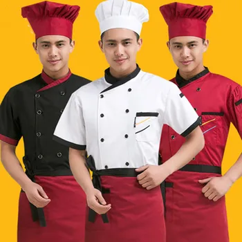 Кухня ресторана отеля с коротким рукавом, цветостойкая и термоусадочная джинсовая ткань, черная/красная/белая униформа шеф-повара, куртка повара