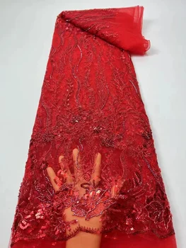 Африканская Красная Кружевная ткань с бисером, Роскошные Нигерийские Сетчатые кружевные ткани 2022, Французская Сетчатая Кружевная ткань С блестками для Свадьбы