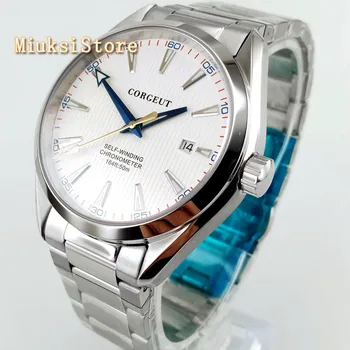 Корпус часов Corgeut из серебра 41 мм, сапфировое стекло, белый циферблат, дата, светящиеся автоматические мужские роскошные деловые часы