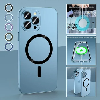 Магнитный Зарядный Алюминиевый Металлический бампер Матовый чехол для iPhone iPhone 13 12 14 Pro Max С защитой стеклянной линзы пленкой