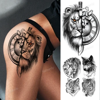 большие временные татуировки на бедре, ноге, теле для взрослых, татуировки короля льва, тигра, волка, лесных животных, черные, сексуальные для женщин, мужчин, девочек