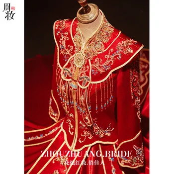 2022, Китайская одежда с красной вышивкой, Весенне-осеннее Свадебное платье Невесты с атласными кисточками