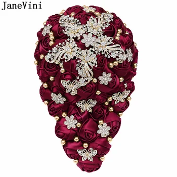 JaneVini Винтажные Бордовые Цветы Хрустальный Свадебный букет Атласное Розовое Золото Стразы Искусственные Цветы Невесты Свадебные Букеты