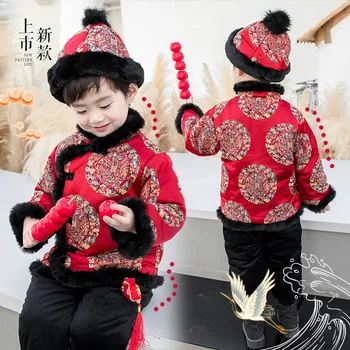 Зимний новый хлопковый костюм эпохи Тан для мальчиков, детская хлопковая одежда с вышивкой и подкладкой, милые новогодние наряды в китайском стиле для девочек