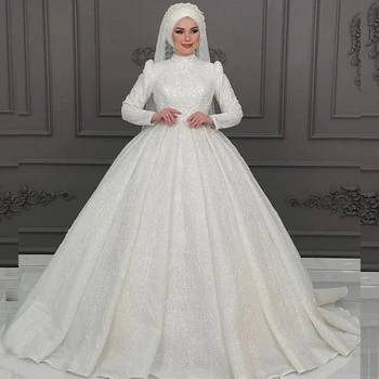 Бальное платье с крупным бисером, Свадебные платья для мусульманской невесты, Свадебные платья с длинным рукавом и шлейфом, Хиджаб, свадебные халаты