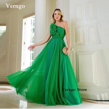 Verngo/ Зеленые Тюлевые платья для выпускного вечера Трапециевидной формы с оборками на одно плечо Длиной до пола, Арабское Женское вечернее платье, современное Вечернее платье