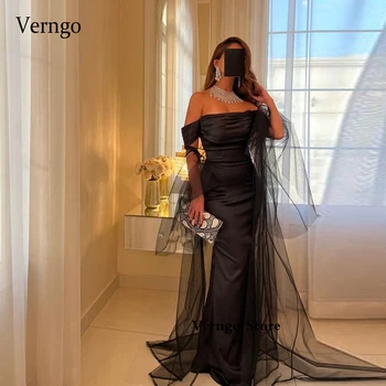 Verngo/ Пикантные вечерние платья Русалки из черного атласа с открытыми плечами, тюлевая шаль длиной до пола, Саудовские арабские женские платья для выпускного вечера