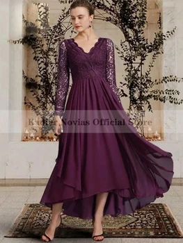 Платья для Матери Невесты с длинными рукавами и Высоким Низким Фиолетовым Шифоном 2022 Vestido Invitada Boda 2022 Свадебное Платье