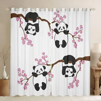Цветущая вишня, мультяшная панда, Тонкие занавески для детской гостиной, декор окна спальни, две драпировки, Бесплатная доставка, 2 штуки