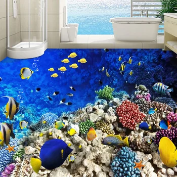 Пользовательские Фото Обои для пола 3D Тропическая рыба Настенная наклейка Ванная комната Детская спальня Одежда из ПВХ нескользящая водонепроницаемая настенная бумага