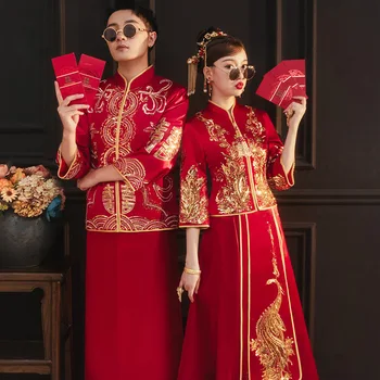 2022 Пара в ретро китайском стиле, Красный Павлин, Вышивка Пайетками, Одежда для Тостов, Свадебное платье